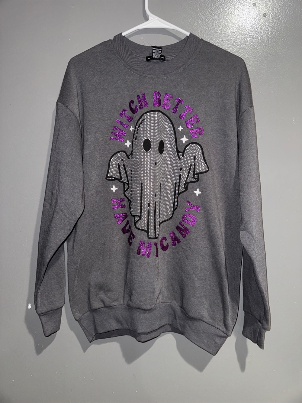 Gray Graphic Ghost Sweatshirt with Purple Sparkle Text - Unbranded